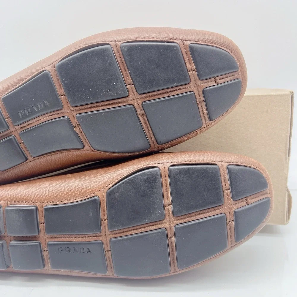 PRADA Saffiano Men's Driver Loafer Logo Ostrich BrownLeather 2DD151 EU 41 US 8